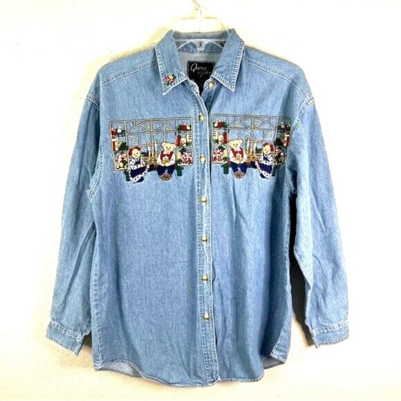 QUIZZ NEW YORK Vintage Denim Shirt Womens M Christmas Theme Embroidery Button Up - Picture 1 of 12